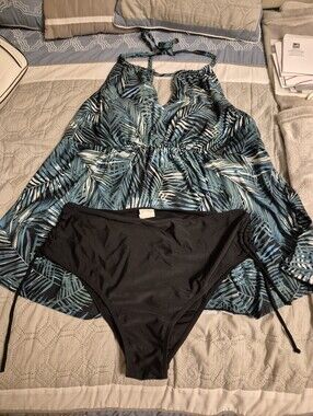 Tropical Leaf Halter Tankini Top with Black Swim Briefs